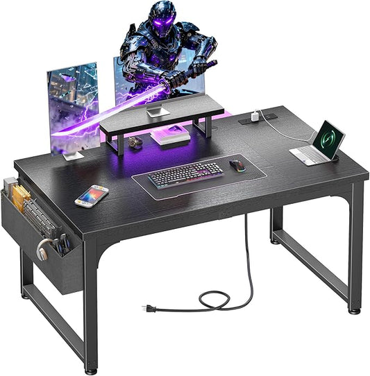 Gaming Desk with Power Outlets & LED Light, Computer Desk with Monitor Stand & 0.95inch Thicker Desktop & Storage Bag, Writing Desk for Home Office, Study, Bedroom, Black