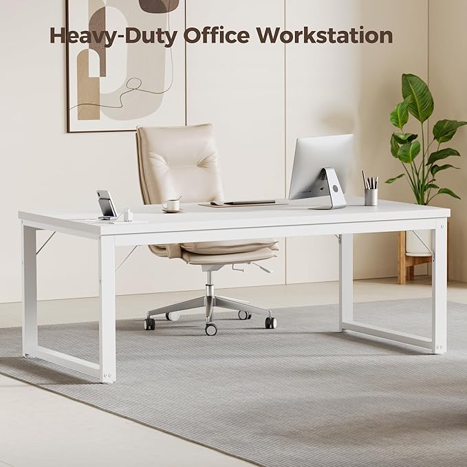 Mericonia 48 Inch Computer Desk with Power Outlets, 1.2" Thick Heavy Duty Industrial Office Desk, Modern Simple Study Writing Table for Home Bedroom Workstation, White