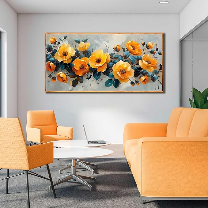 AOZEMI Yellow Wall Art Modern Artwork Blue Home Decorations Room Decor Flower Art for Living Room 29"x59"in Wall Pictures