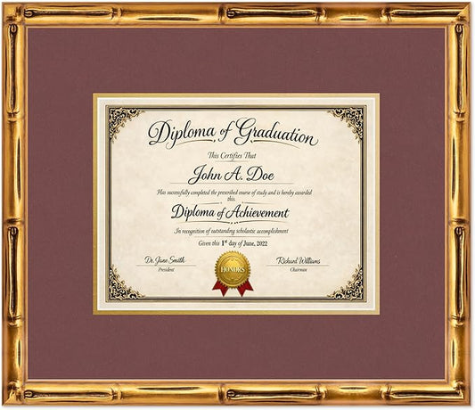 Diploma Frame Gold Bamboo with Dark Red Over Gold Double Mat - Fits 11 x 8.5 US Letter Certificate Wall Display Made in the USA