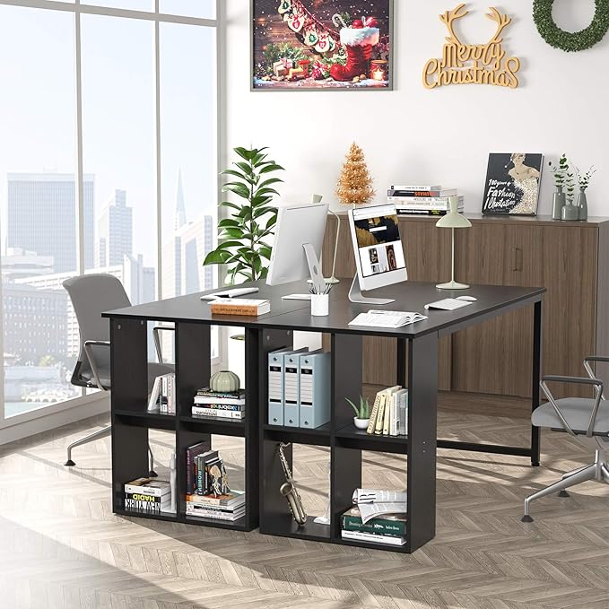 Topfurny 47.2'' Computer Desk with Storage Shelves, Modern Home Office Desk Computer Table with Cabinets, Student Studying Writing Desk Wood Desk Workstation for Home Office, Black