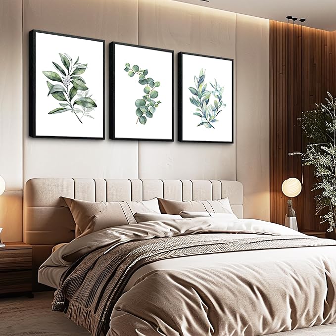 hyidecorart Large Wall Decor Wall Art For Living Room black Framed For Bedroom Room Green Leaves Wall Paintings Office Decor Wall Pictures Kitchen Wall Decoration Set Of 3 Piece Framed Prints Art