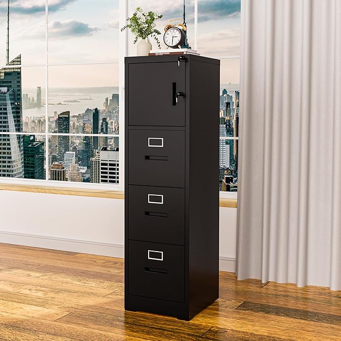 3 Drawer Metal Locking File Cabinet with 1 Door Heavy Duty Lockable Filing Cabinets Home Office Steel File Cabinet Black Vertical File Cabinets for Legal/Letter Size File,Assembly Required