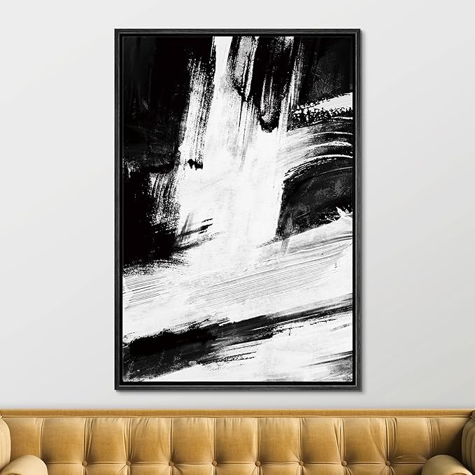 SIGNFORD Framed Canvas Print Wall Art White Brushstrokes on Black Background Abstract Shapes Illustrations Minimalism Alternative Edgy Dark for Living Room, Bedroom, Office - 24"x36" Black