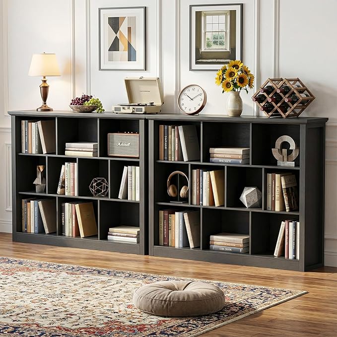 Unikito 10 Cube Storage Book Shelf - 50" Wide Wood Cube Storage Organizer, Wooden 3 Tiers Floor Standing Low Bookcase for Living Room, Bedroom, Home Office, Kids Room