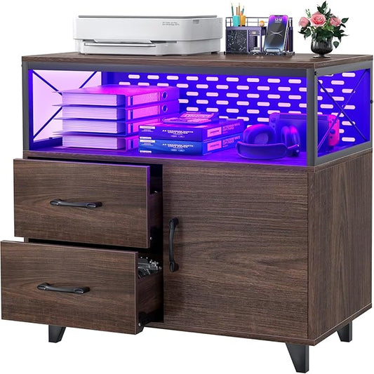 Homieasy Lateral File Cabinet with LED Light, Office Filing Cabinets with 2 Drawers and 1 Door Cabinet, Desk Side Printer Stand with Storage for Office Supplies, Walnut