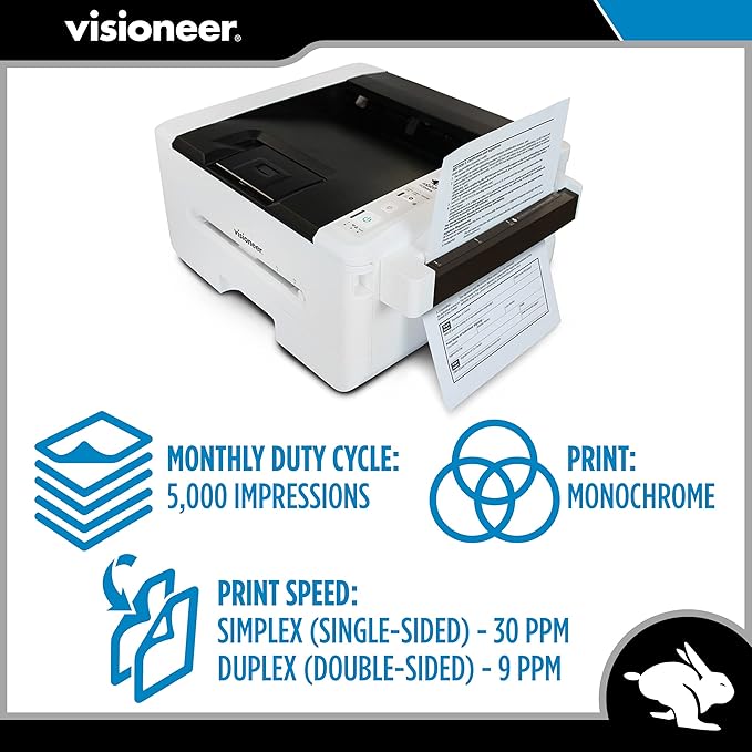 Visioneer Rabbit PC30dwn Laser Printer/Copy Machine, Monochrome USB Office Printer and Copier for PC and Mac, 30 PPM, 250 Page Automatic Document Feeder (ADF), 3 Extra Toner Cartridges and Drum