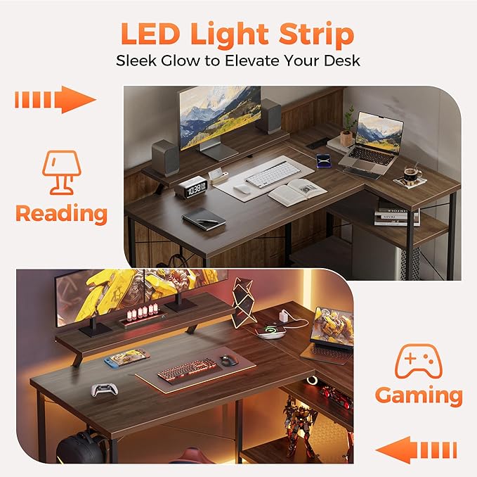 Mericonia Small L Shaped Computer Desk with Power Outlets, Reversible Gaming Desk with Storage Shelves & Monitor Stand, Corner Gamer Desk Table, Study Writing Table