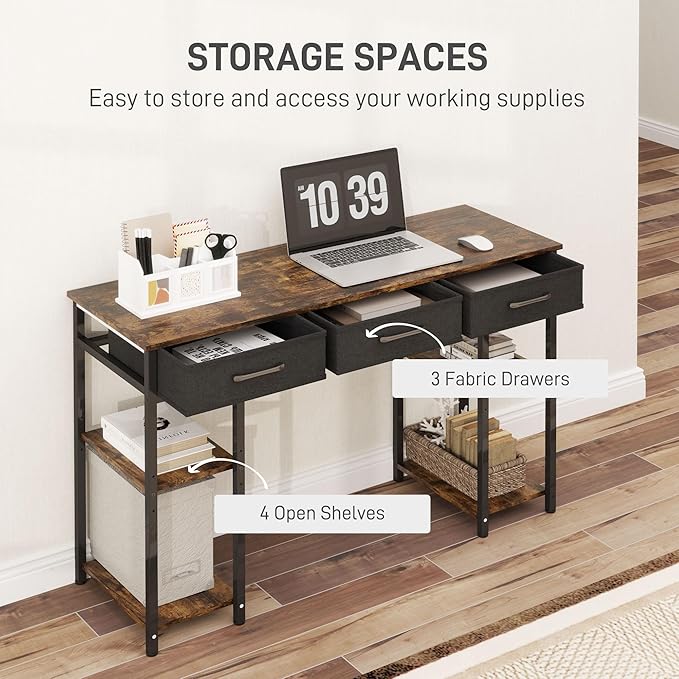 HOMCOM 47" Computer Desk with 3 Fabric Drawers, Home Office Desk with Adjustable Shelves, Small Writing Desk with Storage, Rustic Brown