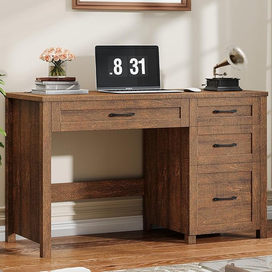 Farmhouse 47" Executive Desk, Computer Desk with File Drawer and Charging Station, Workstation for Home Office, Study.Red-Brown.