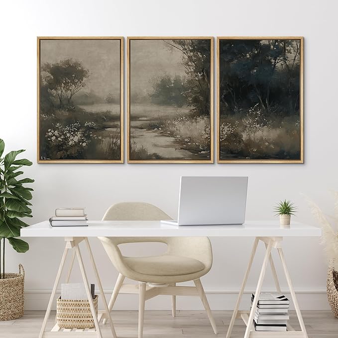 MUDECOR Framed Wall Art Print Set Vintage Landscape Subtle Forest and River in Earthy Tones Illustrations Modern Art Boho Decorative Colorful Chic for Living Room, Bedroom, Office - 24"x36"x3 Natural