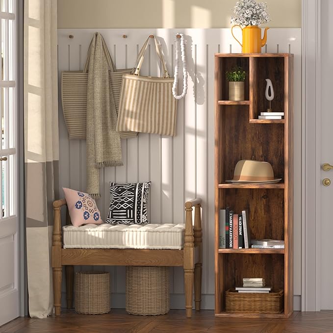 VECELO 4-Tier Bookcase, Modern Storage Cabinet with Height Difference Shelves for Standard Textbooks, 5 Cubes, Vertical or Horizontal, Easy Assembly, Rustic Brown
