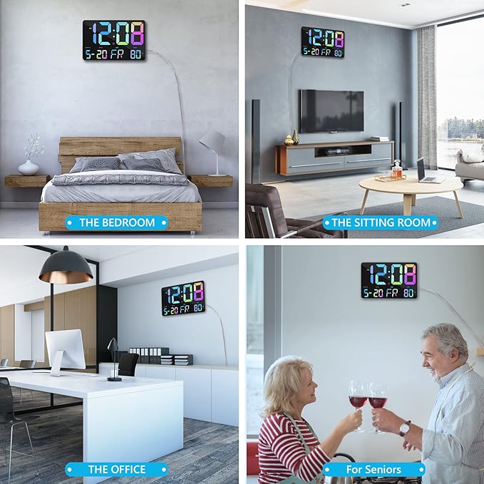 Amgico Digital Alarm Clock with Snooze, Temperature, Auto Dimming, 11.5" Large Display Calendar, Desk/Wall Clock for Bedroom, Living Room, Office, Home, Classroom,Elderly - Rainbow