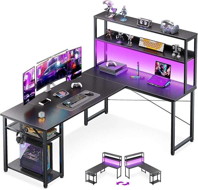 ODK 61" L Shaped Gaming Desk with Hutch & Headphone Hook, Corner Computer Table with Storage Shelves for Home Office, Black