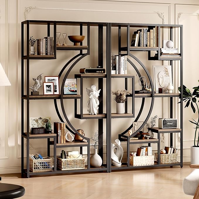 70.8" Tall Bookshelf Set of 2, 79" Wide Geometric Display Shelf with 18 Open Storage Shelves, Etagere Bookcase for Living Room, Office, Bedroom - Anti-Tip & Adjustable Feet