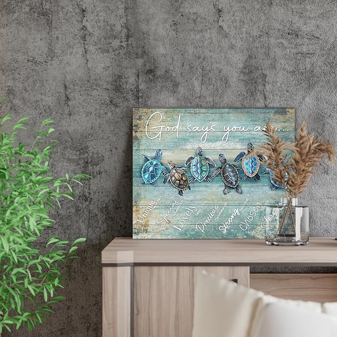 Farmhouse Sea Turtle Wall Art Inspirational Bible Verse Wall Art God Says You Are Motivational Scripture Quotes Wall Decor Sea Turtle Canvas Print Framed Artwork for Bathroom Living Room Docer 12"x16"