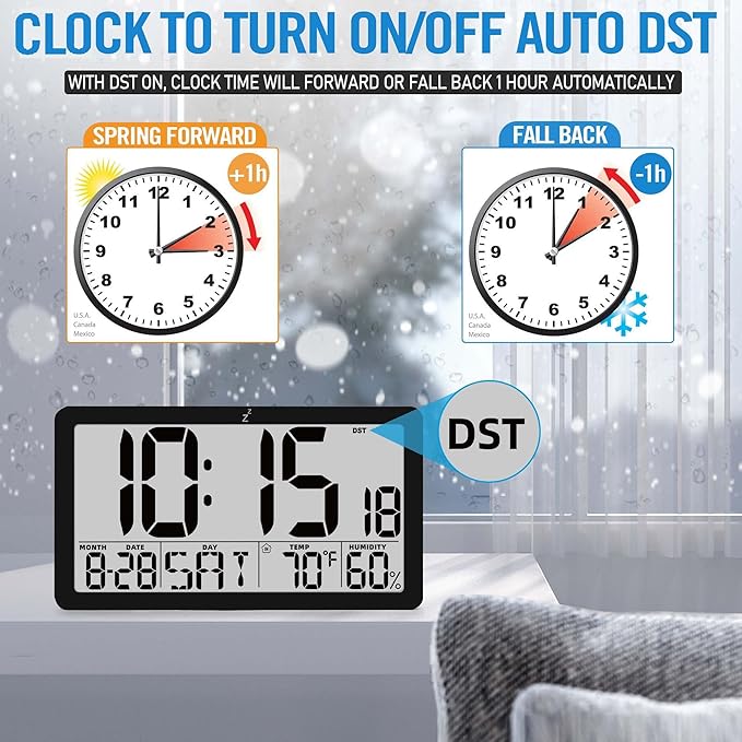 TXL Large Display Digital Wall Clock, Battery Operated with Temperature & Humidity, Auto DST, Date & Weekday, Easy Set Alarm, for Living Room, Bedroom, Office & Classroom (Black)