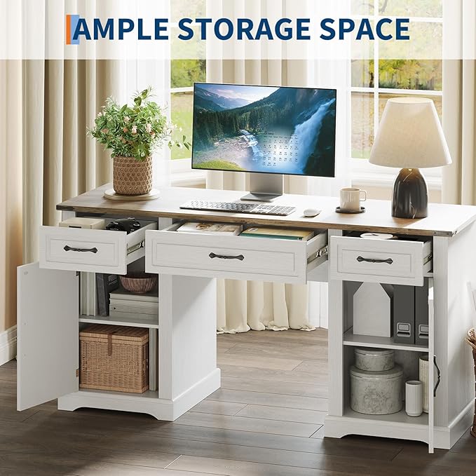 IDEALHOUSE 60" Farmhouse Executive Desk with Drawers, Wood Home Office Desk with Storage Cabinet, Rustic Computer Writing Desks for Home, Study, Work, Antique White
