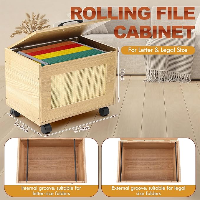Rattan File Cabinet Hanging File Organizer Box with Lid Rolling Wicker Filing Cabinet for Home Office for Letter/Legal Size