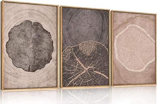 HOURIA Neutral Brown Tree Rings Framed Canvas Wall Art Set,Modern Beige Tan Wood Stump Wall Decor,Vintage Abstract Tree Spiral Art Print,Nature Black Artwork for Living Room,Bedroom,Office- 24"x36"x3