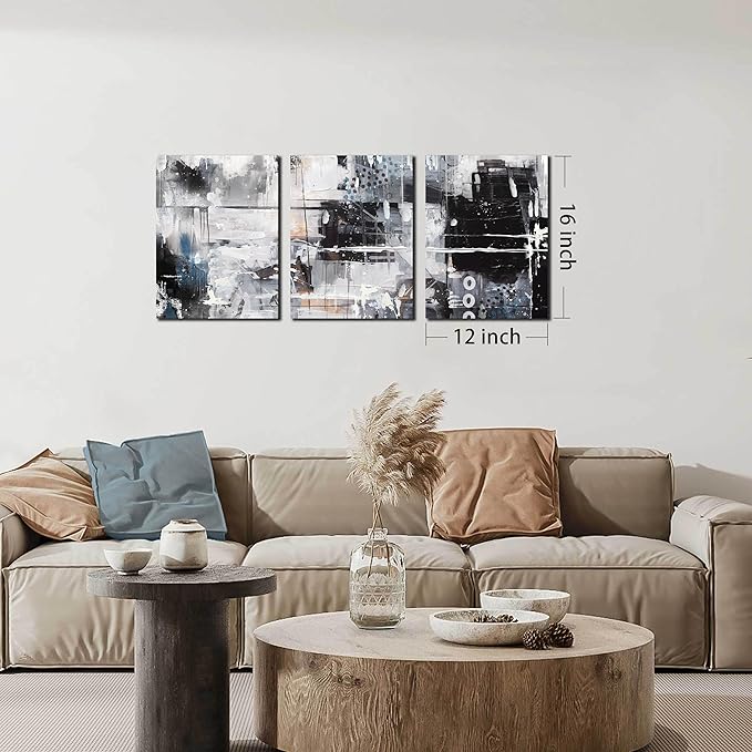 Abstract Wall Art for Living Room - Modern Black and White Wall Art for Bedroom - Home Office Wall Decor Size 12" x 16" x 3 Piece