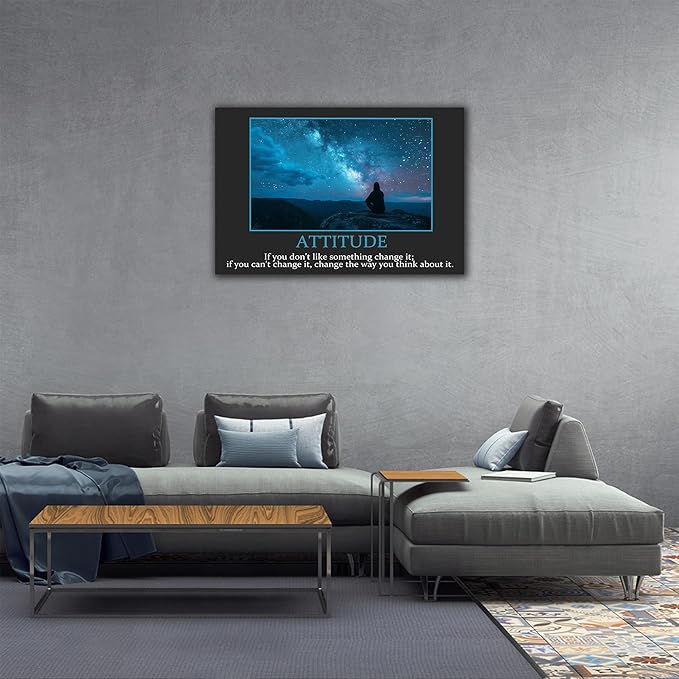 UZMKM - Inspirational Canvas Wall Art, ATTITUDE Mindset Quotes Waman Watch Star Picture Prints, Success Framed Company Poster, Positive Quotes Wall Painting for Home Office Workplace 32x48 Inch