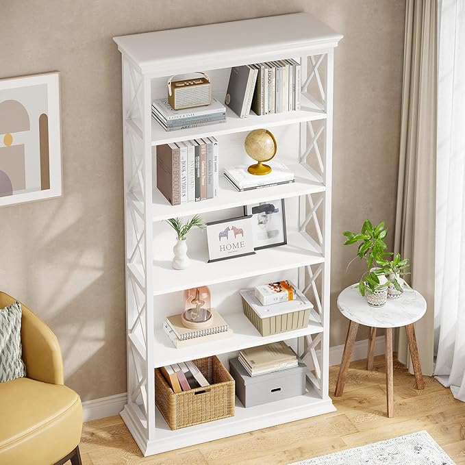Tribesigns 6-Tier Bookcase, 71 Inches Industrial Bookshelves and Bookcases, Floor Standing 5 Shelf Display Storage Shelves Tall Bookcase for Home Office, Living Room, Bed Room, White