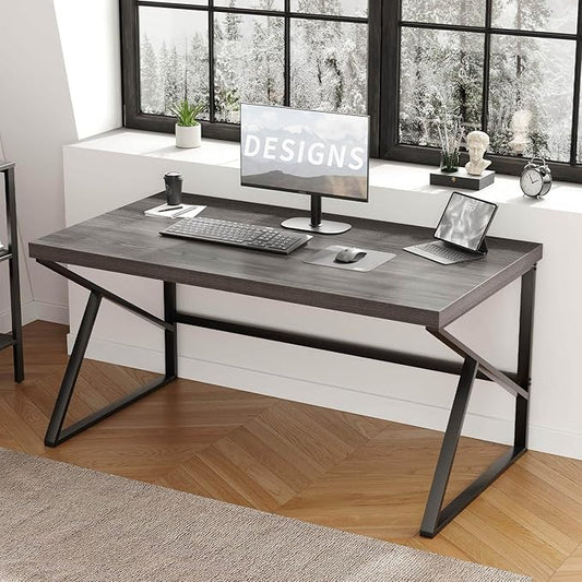 HSH Industrial Home Office Desk, Metal and Wood Computer Desk, Rustic Vintage Soho Work Study Writing Table, Modern PC Desk for Livingroom Bedroom, Farmhouse Computer Table Grey 55 inch Wide