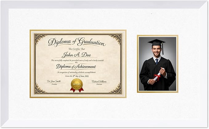 Diploma Frame With Photo Opening Bright White Oyster Shell Over Gold Mat - Fits 11.69 x 8.27 Degree and Picture Made in the USA
