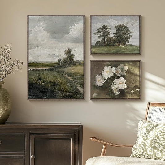 3 Piece Framed Vintage Canvas Wall Art Set, Large Green Floral and Tree Landscape Farmhouse Painting Print, French Country Retro Flower Artwork Decor for Living Room, Bedroom and Fireplace