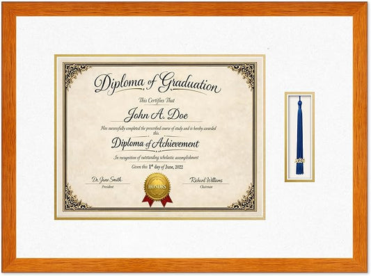 Diploma Frame with Tassel Holder Honey Oak Shadowbox Oyster Shell Over Gold Mat - Fits 14 x 11 Degree Made in the USA