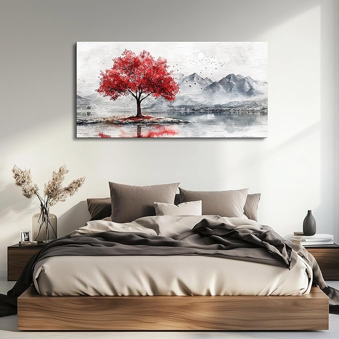 QIYILEXWART Canvas Wall Art For Living Room Wall Decor For Bedroom Office Wall Decoration Red Tree Landscape Painting Farmhouse Pictures Artwork Room Aesthetic Home Decor 20x40 In