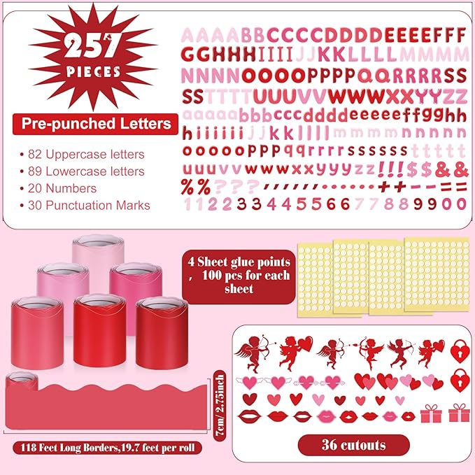 Kosiz Valentine's Day Bulletin Board Decoration Set 118 ft Scalloped Bulletin Board Borders Classroom Poster Border Trim with 257 Pcs Letter Number Symbol Cutout for School Decor