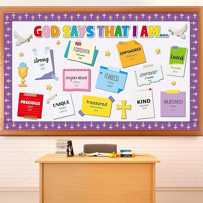 gisgfim Christian Bulletin Board Decorations God Says That I Am Religious Paper Cutouts Inspirational Quotes Classroom Wall Decor Bulletin Board Set for VBS Sunday School Church Bible Door Supplies