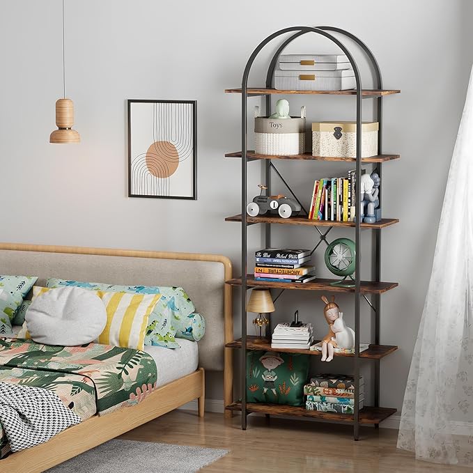 6 Tier Bookshelf, 83" Tall Arched Bookcase, Tall Book Shelf with Metal Frame, Industrial Display Standing Shelf for Living Room, Home Office, Bedroom, Brown