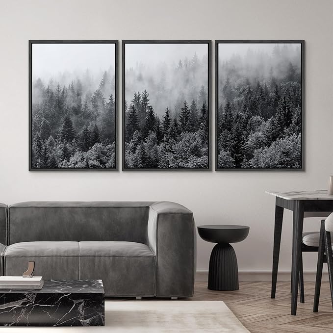 SIGNWIN Framed Canvas Print Wall Art Set Black & White Misty Mountain Forest Nature Wilderness Photography Modern Art Chic Landscape Relax/Calm for Living Room, Bedroom, Office - 24"x36"x3 Black