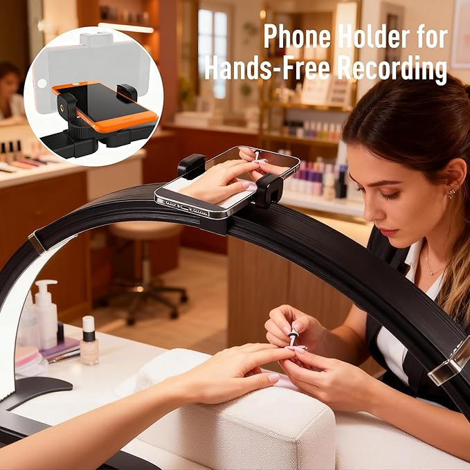 NOVAL Half Moon Desk Lamp with Phone Holder – Shadow-Free Lighting & Adjustable 3-Color Brightness, Detachable LED Nail Light for Salon Manicure Table, Black