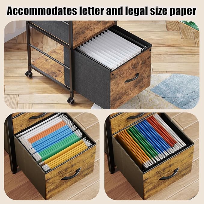 Mobile File Cabinet with Fabric Drawer,Rustic Brown File Cabinets for Home Office, Rolling Printer Stand with Storage, Filing Cabinet fits A4 or Letter Size for Home Office