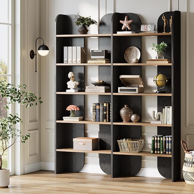 Tribesigns 5-Tier Farmhouse Bookshelf, 70.87-Inch Tall Double Wide Bookcase with Open Shelves, Vintage Floor Standing Book Shelf (2, Black+Brown)