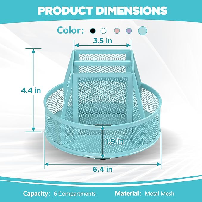 Docnest Mesh 360 Degree Rotating Pen Holder with 6 Compartment,Metal Pencil Cup Art Supply Storage Box Caddy,Teacher Stationery and Dorm Supplies Desk Organizer for Pencil,Sticky Note,Scissors-Blue