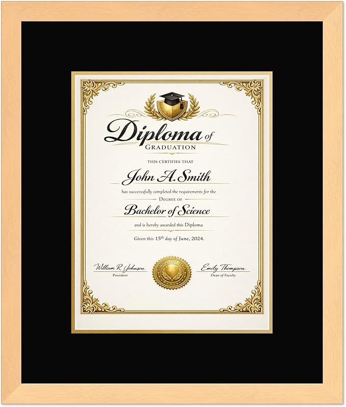 CountryArtHouse Diploma Frame Fits 10 x 13 College Diploma (Portrait Traditional) - Keepsake Graduation Disp Natural Wood Genuine Hardwood with Black Over Metallic Gold Double mat