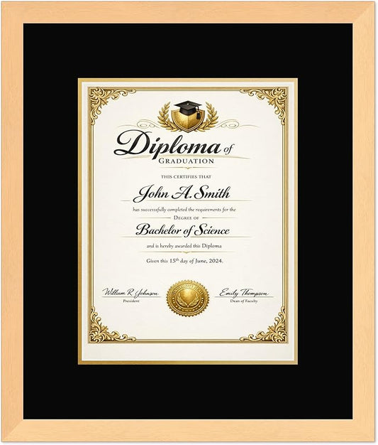 CountryArtHouse Diploma Frame Fits 10 x 13 College Diploma (Portrait Traditional) - Keepsake Graduation Disp Natural Wood Genuine Hardwood with Black Over Metallic Gold Double mat