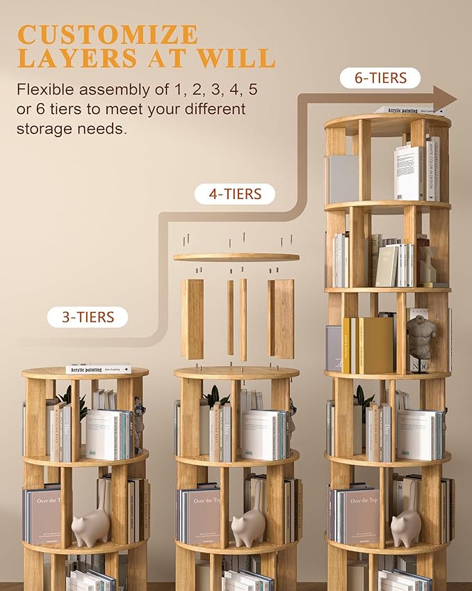Rotating Bookshelf, 4 Tier Solid Wood Bookshelf Tower with Lockable Wheels, 360° Spinning Revolving Bookcase for Small Spaces, Corners, Bedroom, Kids Room, Home Office, Natural