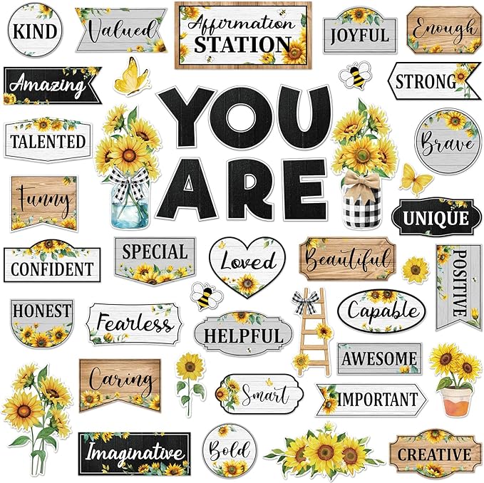 45pcs Sunflower Bulletin Board Set Motivational Posters Classroom Mirror Growth Mindset Decor Positive Affirmations Accents Cutouts for School Office Home Teacher Wall