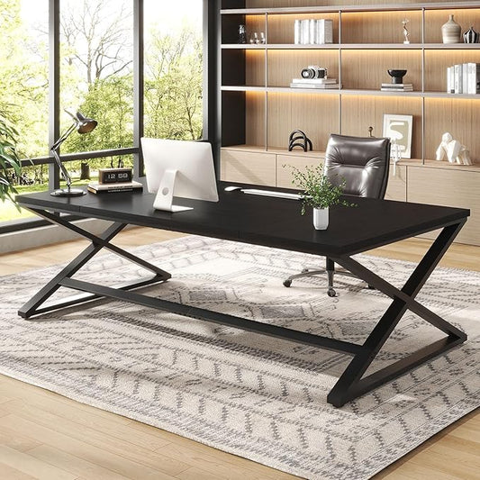 IBF Black Desk, Large Home Office Work Desk, 78.7” Long Computer Desks, Simple Wide Study Writing Desk, Wood Metal Double PC Executive Workstation Gaming Desk Computer Table for Bedroom, Black Oak