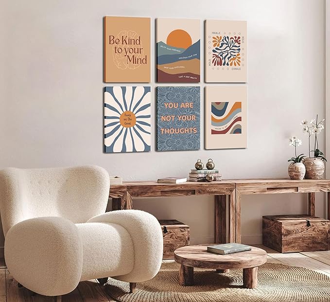 6Pcs Mental Health Wall Art Motivational Psychology Canvas Painting Therapy Office Pictures Wall Decor Boho Style Inspirational Positive Quotes Posters Prints for Home Counseling Office Framed