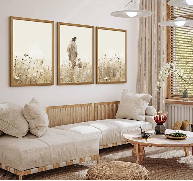 Jesus Leaves the 99 Sheep Wall Art Christian Canvas Poster Jesus and Lamb Wall Decor Religious Pictures Lost Sheep Painting God Christ Painting Artwork for Bedroom Living Room 16x24x3 Inch Wood Framed
