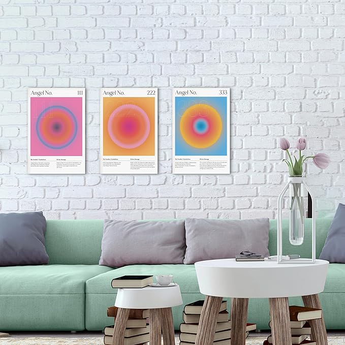 SHMAO Colorful Gradient Aura Angel Numbers Poster Canvas Wall Art for Room Aesthetic Inspirational Spiritual Wall Art Paintings Abstract Minimalist Wall Decor for Bedroom 12"x18" x 3 Pcs