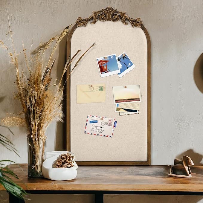 Vintage Framed Pin Board Linen Display Bulletin Board Large Cork Fabric Picture Photo Pinboard Memo Ornate Decorative Pinboard Ornate for Wall Gift(Arch,13" X 25",Vintage Golden)