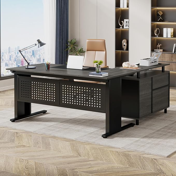 Tribesigns 63 Inch Executive Desk with File Cabinet, L Shaped Office Desk with Drawers and Storage Shelves, Business Furniture Set Workstation for Home Office, Gray and Black